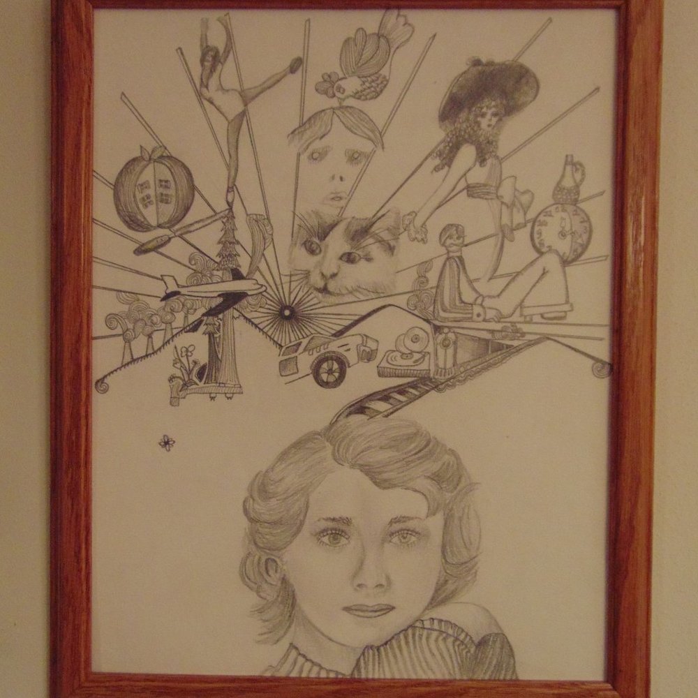 Girl Daydreaming, Original Pencil Sketch, Wood Frame, 12.5x15.5